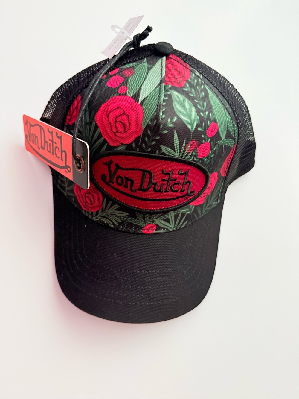 Von Dutch Black Trucker Cap with Red Rose Print - Picture 2 of 5